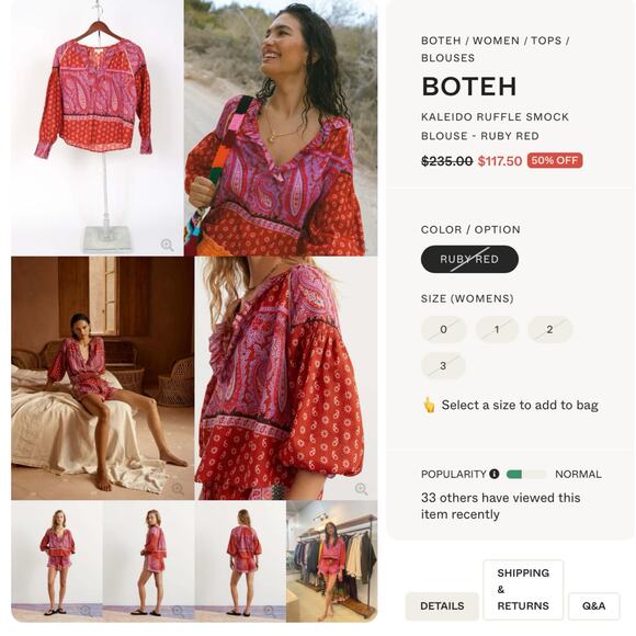 Boteh Kaleido Ruby Red Ruffle Smock Linen Cotton Peasant Blouse 1 S $235 - Picture 3 of 11